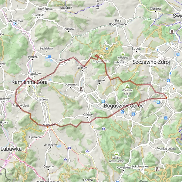 Map miniature of "Gravel Routes Around Wałbrzych" cycling inspiration in Dolnośląskie, Poland. Generated by Tarmacs.app cycling route planner