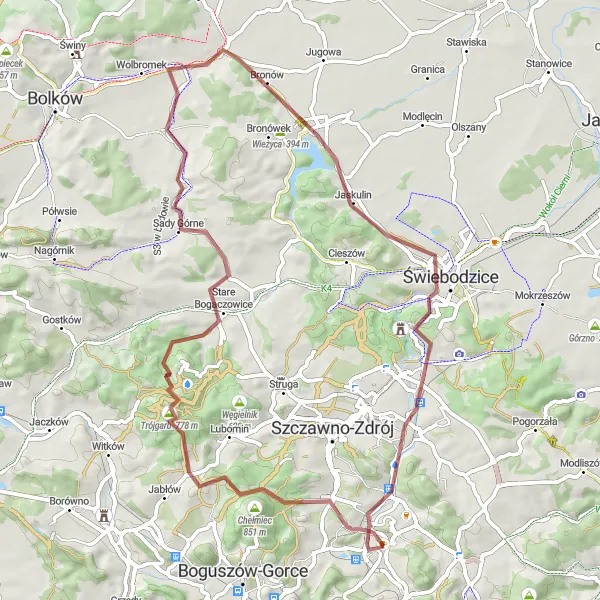 Map miniature of "Gravel Adventure in the Countryside" cycling inspiration in Dolnośląskie, Poland. Generated by Tarmacs.app cycling route planner