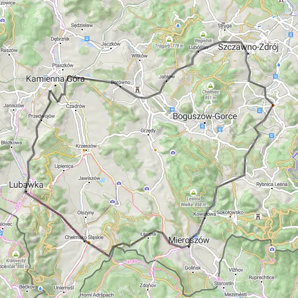 Map miniature of "Wałbrzych Loop" cycling inspiration in Dolnośląskie, Poland. Generated by Tarmacs.app cycling route planner