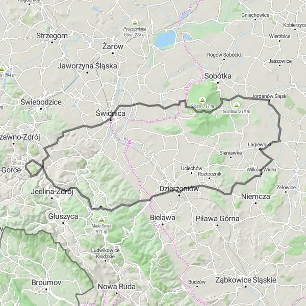 Map miniature of "Sudetes Scenic Tour" cycling inspiration in Dolnośląskie, Poland. Generated by Tarmacs.app cycling route planner