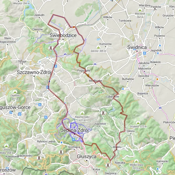 Miniatura mapy "Przejażdżka po najpiękniejszych zakątkach Dolnośląskich Wzgórz" - trasy rowerowej w Dolnośląskie, Poland. Wygenerowane przez planer tras rowerowych Tarmacs.app