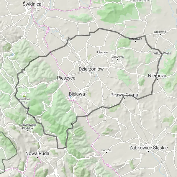 Map miniature of "The Road Less Traveled" cycling inspiration in Dolnośląskie, Poland. Generated by Tarmacs.app cycling route planner