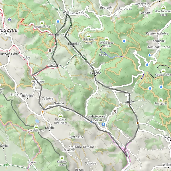 Map miniature of "Round Trip Cycling route from Walim to Sokolec" cycling inspiration in Dolnośląskie, Poland. Generated by Tarmacs.app cycling route planner