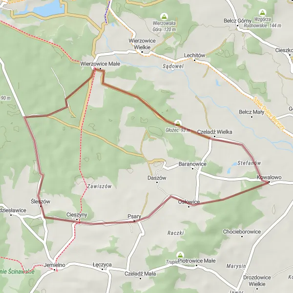 Map miniature of "Short Wąsosz Gravel Ride via Świstaki and Głożec" cycling inspiration in Dolnośląskie, Poland. Generated by Tarmacs.app cycling route planner