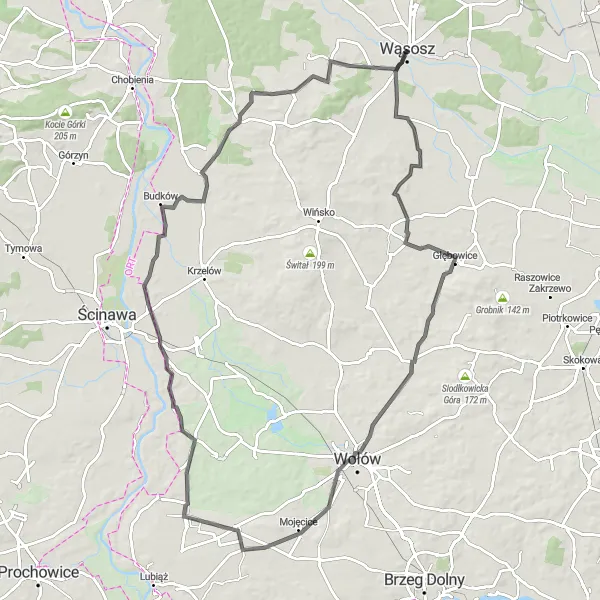 Map miniature of "Wąsosz Loop via Dziewin and Łęczycka Góra" cycling inspiration in Dolnośląskie, Poland. Generated by Tarmacs.app cycling route planner