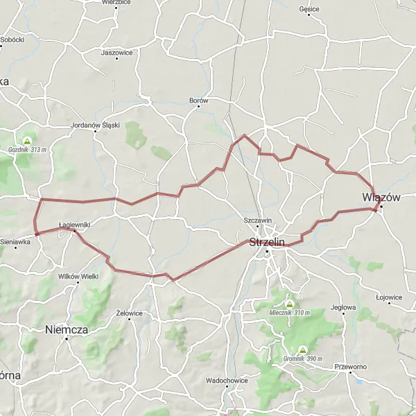 Map miniature of "Wiązów Gravel Adventure" cycling inspiration in Dolnośląskie, Poland. Generated by Tarmacs.app cycling route planner