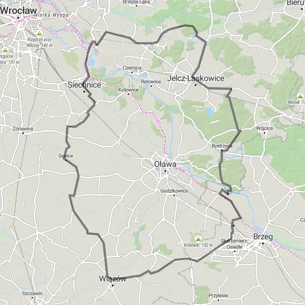 Map miniature of "Wiązów to Jelcz-Laskowice Loop" cycling inspiration in Dolnośląskie, Poland. Generated by Tarmacs.app cycling route planner