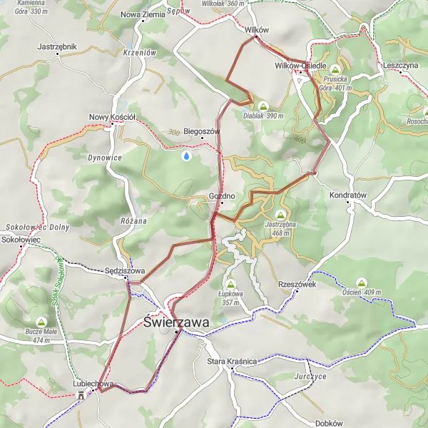 Miniatura mapy "Trasa Gravelowa Wilków-Osiedle" - trasy rowerowej w Dolnośląskie, Poland. Wygenerowane przez planer tras rowerowych Tarmacs.app