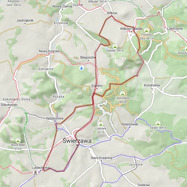 Map miniature of "The Gravel Adventure through Wilków-Osiedle" cycling inspiration in Dolnośląskie, Poland. Generated by Tarmacs.app cycling route planner