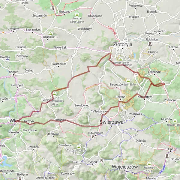 Miniatura mapy "Trasa rowerowa od Wlenia przez okoliczne wioski" - trasy rowerowej w Dolnośląskie, Poland. Wygenerowane przez planer tras rowerowych Tarmacs.app