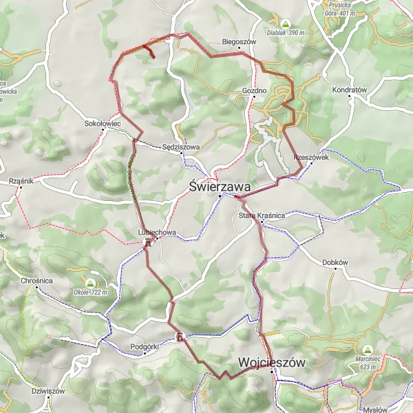 Map miniature of "Wojcieszów Ascent" cycling inspiration in Dolnośląskie, Poland. Generated by Tarmacs.app cycling route planner