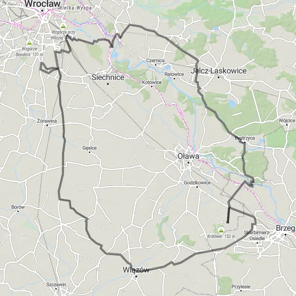 Map miniature of "Tarnogajskie Road Challenge" cycling inspiration in Dolnośląskie, Poland. Generated by Tarmacs.app cycling route planner