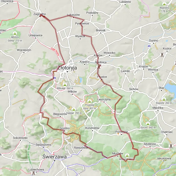 Map miniature of "Muchowskie Wzgórza Gravel Loop" cycling inspiration in Dolnośląskie, Poland. Generated by Tarmacs.app cycling route planner