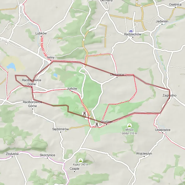 Map miniature of "Grodziec Castle Gravel Loop" cycling inspiration in Dolnośląskie, Poland. Generated by Tarmacs.app cycling route planner