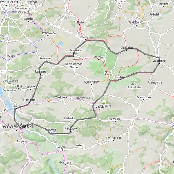 Map miniature of "Grodziec Road Loop" cycling inspiration in Dolnośląskie, Poland. Generated by Tarmacs.app cycling route planner