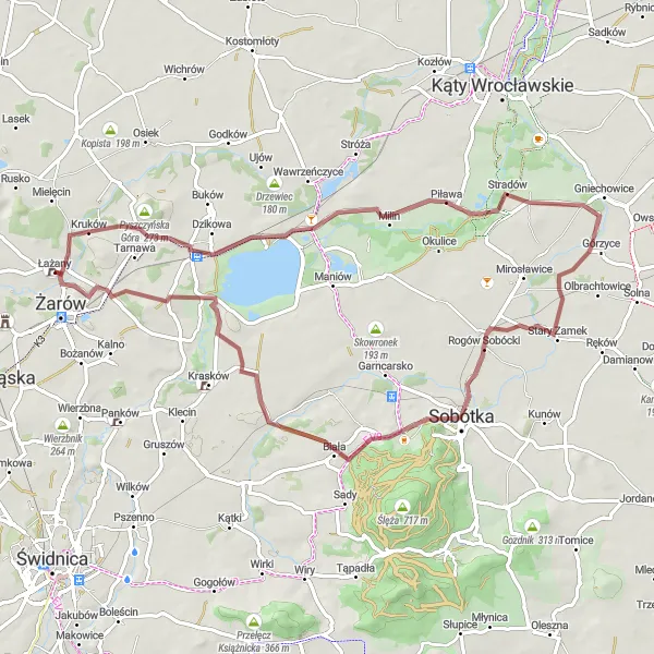 Map miniature of "Gravel Route to Domanice and Mietków" cycling inspiration in Dolnośląskie, Poland. Generated by Tarmacs.app cycling route planner