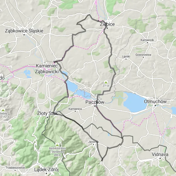 Map miniature of "Serene Road Cycling through Ziębice" cycling inspiration in Dolnośląskie, Poland. Generated by Tarmacs.app cycling route planner