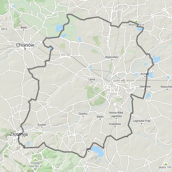 Map miniature of "Złotoryja to Baszta Kowalska Loop" cycling inspiration in Dolnośląskie, Poland. Generated by Tarmacs.app cycling route planner