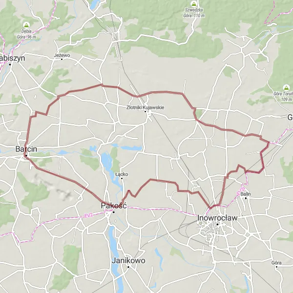 Map miniature of "Barcin Loop - Rivers and Forests Adventure" cycling inspiration in Kujawsko-pomorskie, Poland. Generated by Tarmacs.app cycling route planner