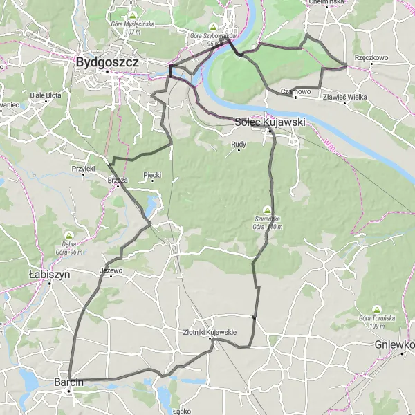 Map miniature of "Barcin to Szwedzka Góra Road Cycling Route" cycling inspiration in Kujawsko-pomorskie, Poland. Generated by Tarmacs.app cycling route planner