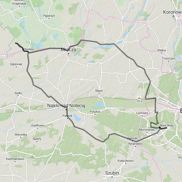 Map miniature of "The Road to Mrocza" cycling inspiration in Kujawsko-pomorskie, Poland. Generated by Tarmacs.app cycling route planner