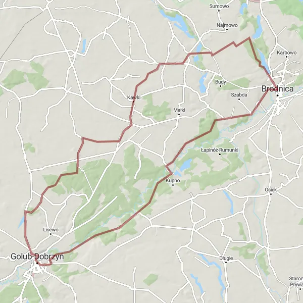 Map miniature of "Brodnica-Mszano-Golub-Dobrzyń Route" cycling inspiration in Kujawsko-pomorskie, Poland. Generated by Tarmacs.app cycling route planner