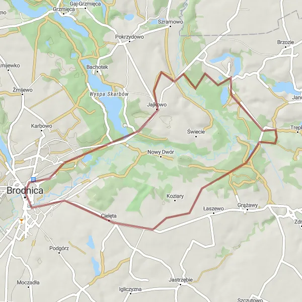 Map miniature of "Brodnica-Cielęta-Brodnica Loop" cycling inspiration in Kujawsko-pomorskie, Poland. Generated by Tarmacs.app cycling route planner