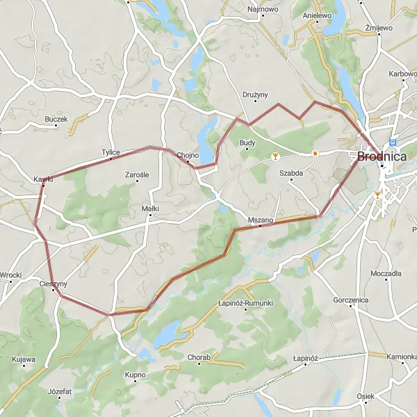 Map miniature of "Brodnica-Mszano-Tylice-Brodnica" cycling inspiration in Kujawsko-pomorskie, Poland. Generated by Tarmacs.app cycling route planner