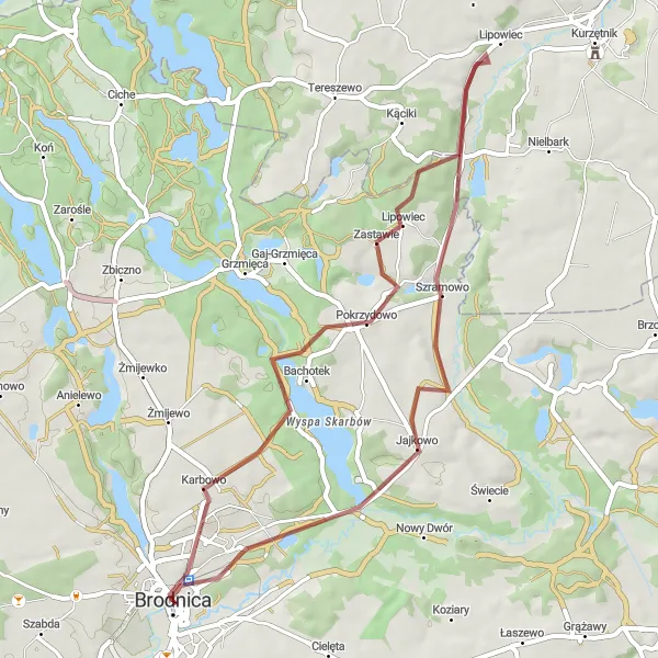 Miniatura mapy "Przygodowa trasa rowerowa od Brodnicy" - trasy rowerowej w Kujawsko-pomorskie, Poland. Wygenerowane przez planer tras rowerowych Tarmacs.app