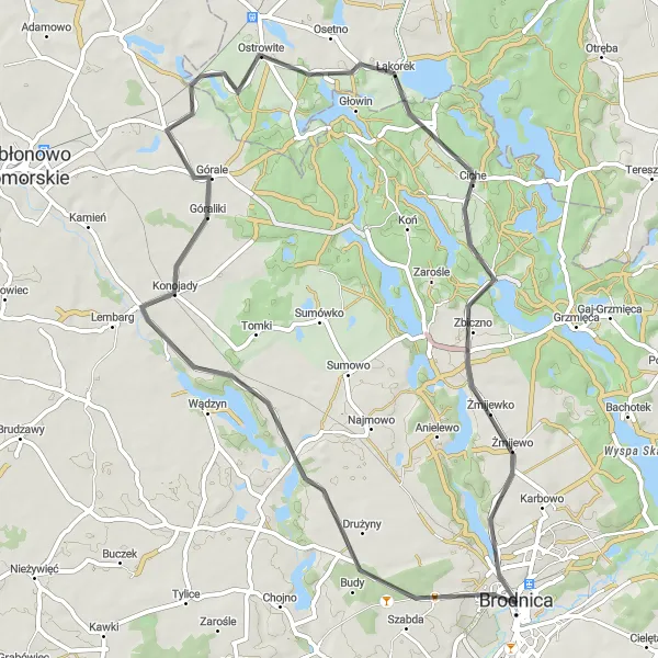 Map miniature of "Scenic Countryside Ride: Grzybno to Żmijewko" cycling inspiration in Kujawsko-pomorskie, Poland. Generated by Tarmacs.app cycling route planner