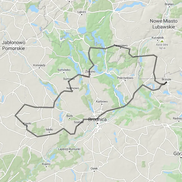 Miniatura mapy "Trasa Szosowa dookoła Brzozia" - trasy rowerowej w Kujawsko-pomorskie, Poland. Wygenerowane przez planer tras rowerowych Tarmacs.app