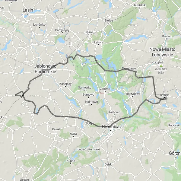 Map miniature of "Brodnica Epic" cycling inspiration in Kujawsko-pomorskie, Poland. Generated by Tarmacs.app cycling route planner