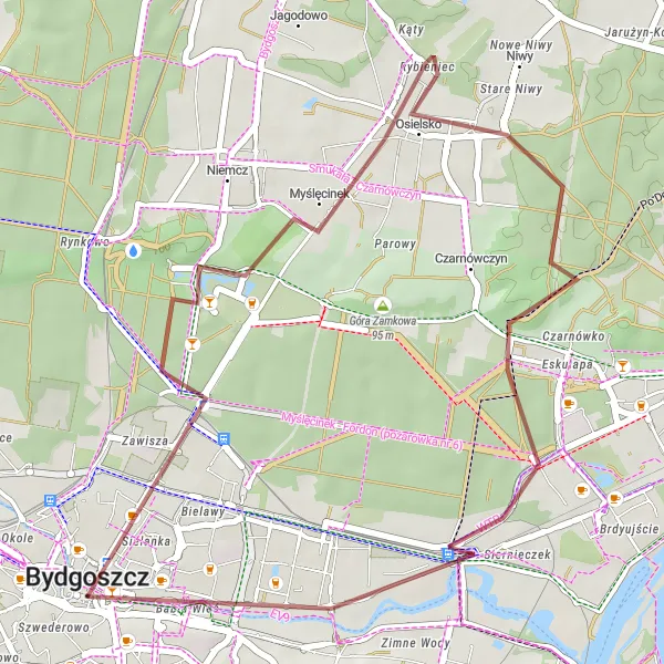 Miniatura mapy "Trasa Zachodnia do Góry Myślęcińskiej" - trasy rowerowej w Kujawsko-pomorskie, Poland. Wygenerowane przez planer tras rowerowych Tarmacs.app