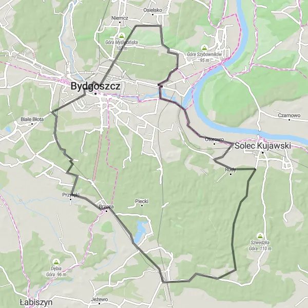 Miniatura mapy "Trasa Wschodnia do Góry Myślęcińskiej" - trasy rowerowej w Kujawsko-pomorskie, Poland. Wygenerowane przez planer tras rowerowych Tarmacs.app