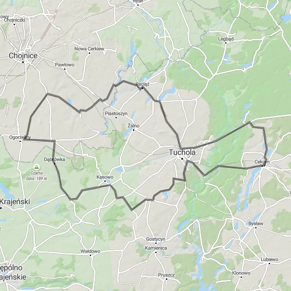 Miniatura mapy "Trasa z Cekcyna przez Drożdzienicę i Tucholę" - trasy rowerowej w Kujawsko-pomorskie, Poland. Wygenerowane przez planer tras rowerowych Tarmacs.app
