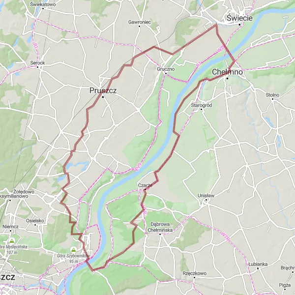Map miniature of "Chelmno to Mirowice Gravel Loop" cycling inspiration in Kujawsko-pomorskie, Poland. Generated by Tarmacs.app cycling route planner