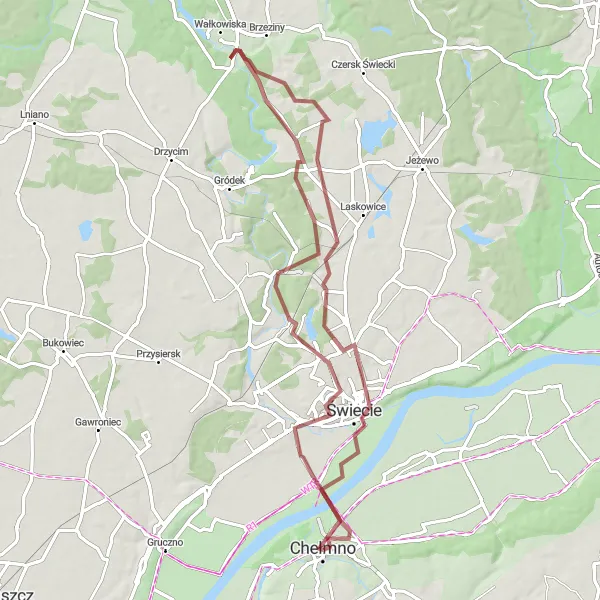 Map miniature of "Chelmno to Brama Grudziądzka Gravel Route" cycling inspiration in Kujawsko-pomorskie, Poland. Generated by Tarmacs.app cycling route planner