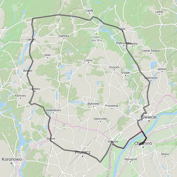 Map miniature of "Countryside Adventure" cycling inspiration in Kujawsko-pomorskie, Poland. Generated by Tarmacs.app cycling route planner