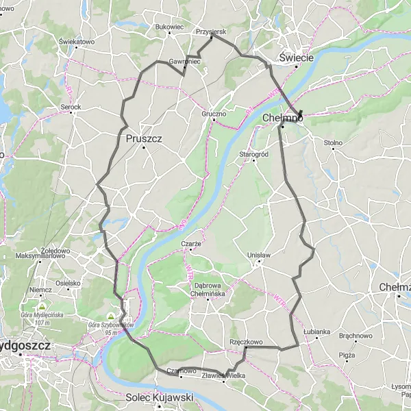 Map miniature of "Beyond Chełmno" cycling inspiration in Kujawsko-pomorskie, Poland. Generated by Tarmacs.app cycling route planner