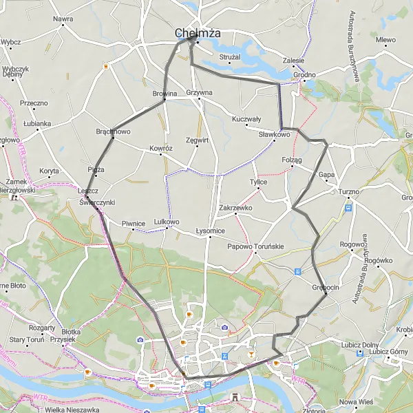 Map miniature of "Road Cycling Route: Toruń Escape" cycling inspiration in Kujawsko-pomorskie, Poland. Generated by Tarmacs.app cycling route planner