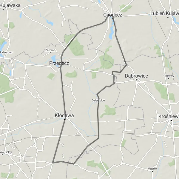 Map miniature of "Chodecz to Przedecz Circuit" cycling inspiration in Kujawsko-pomorskie, Poland. Generated by Tarmacs.app cycling route planner