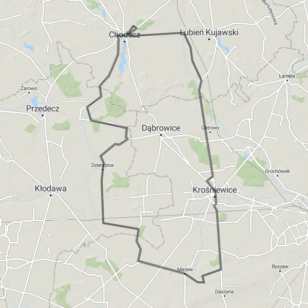 Map miniature of "Krośniewice Circuit" cycling inspiration in Kujawsko-pomorskie, Poland. Generated by Tarmacs.app cycling route planner
