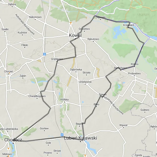Map miniature of "Kowal Adventure" cycling inspiration in Kujawsko-pomorskie, Poland. Generated by Tarmacs.app cycling route planner