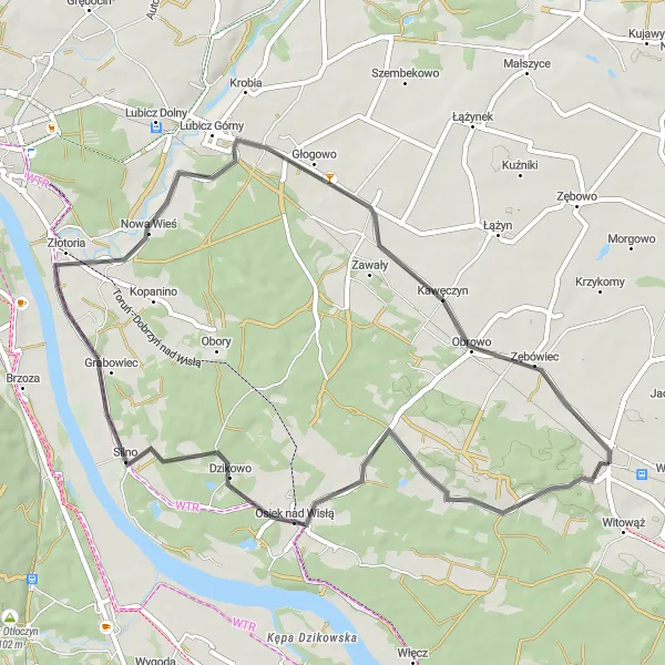 Map miniature of "Wisła River Road Loop" cycling inspiration in Kujawsko-pomorskie, Poland. Generated by Tarmacs.app cycling route planner