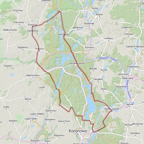 Map miniature of "Gostycyn to Kamienica Gravel Adventure" cycling inspiration in Kujawsko-pomorskie, Poland. Generated by Tarmacs.app cycling route planner