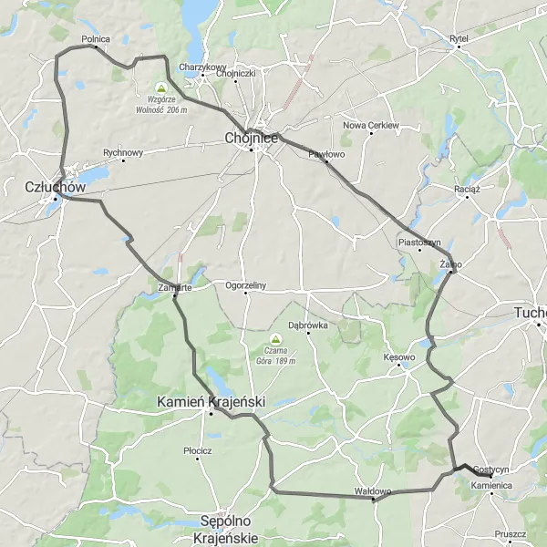 Map miniature of "Countryside Charm" cycling inspiration in Kujawsko-pomorskie, Poland. Generated by Tarmacs.app cycling route planner