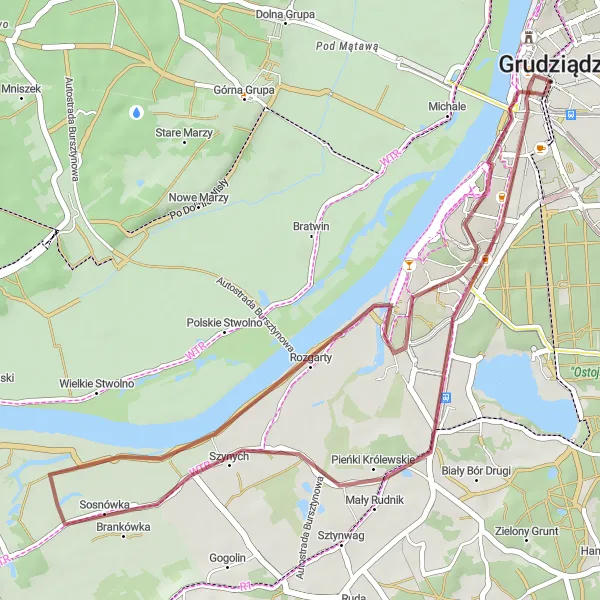 Map miniature of "Grudziądz-Sosnówka-Pieńki Królewskie-Brama Wodna" cycling inspiration in Kujawsko-pomorskie, Poland. Generated by Tarmacs.app cycling route planner