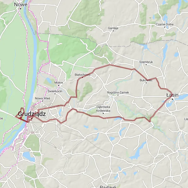 Map miniature of "Grudziądz Gravel Escape" cycling inspiration in Kujawsko-pomorskie, Poland. Generated by Tarmacs.app cycling route planner