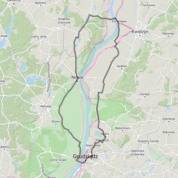 Map miniature of "Grudziądz-Rakowiec-Olszanica-Mokre-Brama Wodna" cycling inspiration in Kujawsko-pomorskie, Poland. Generated by Tarmacs.app cycling route planner