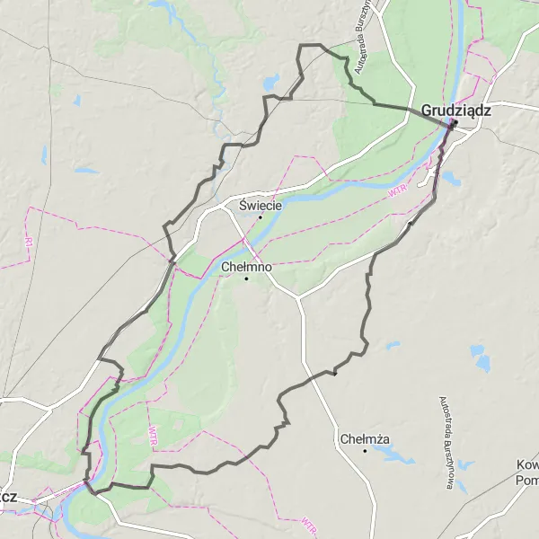 Map miniature of "Grudziądz-Niemczyk-Boluminek-Strzelce Dolne-Niewieścin-Belno-Jeżewo-Grupa-Brama Wodna" cycling inspiration in Kujawsko-pomorskie, Poland. Generated by Tarmacs.app cycling route planner